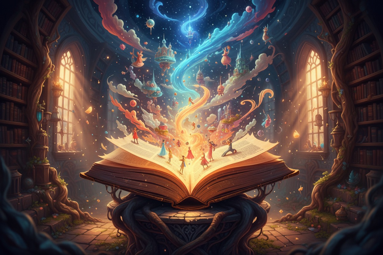 Een magisch open boek in een bibliotheek waaruit fantasierijke werelden en zwevende kastelen tevoorschijn komen.